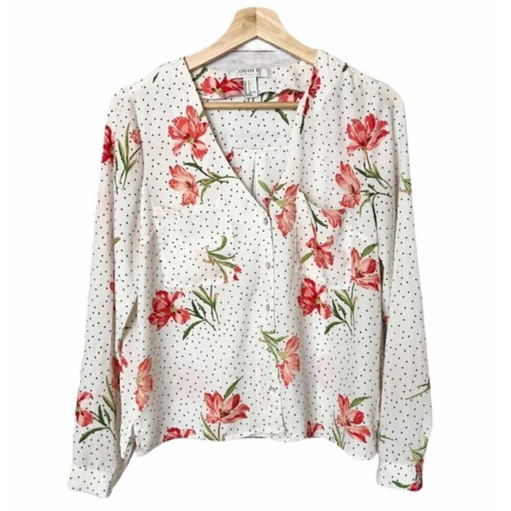 Forever 21 Floral Surplice Wrap Long Sleeve S